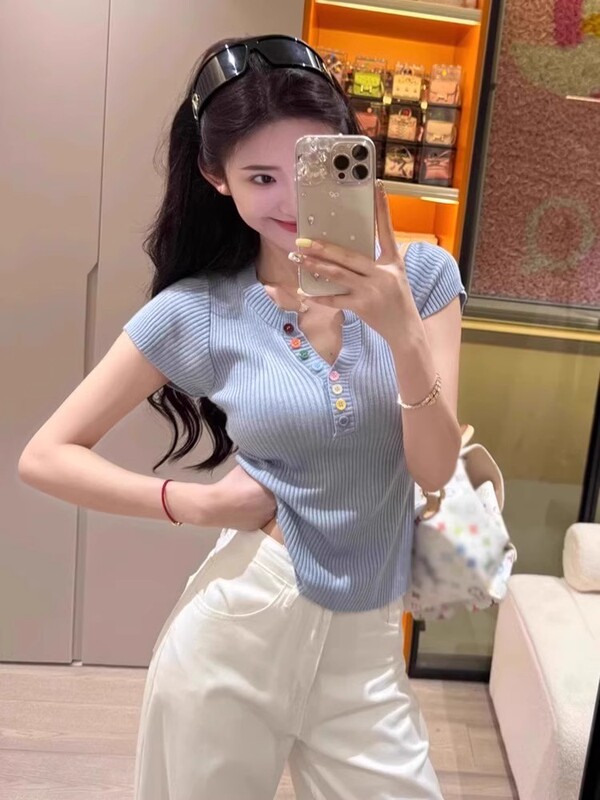 6723 # 韓国ドーパミンウェアカラーボタン右肩ピンクTシャツレディース夏スリムショートVネック|undefined
