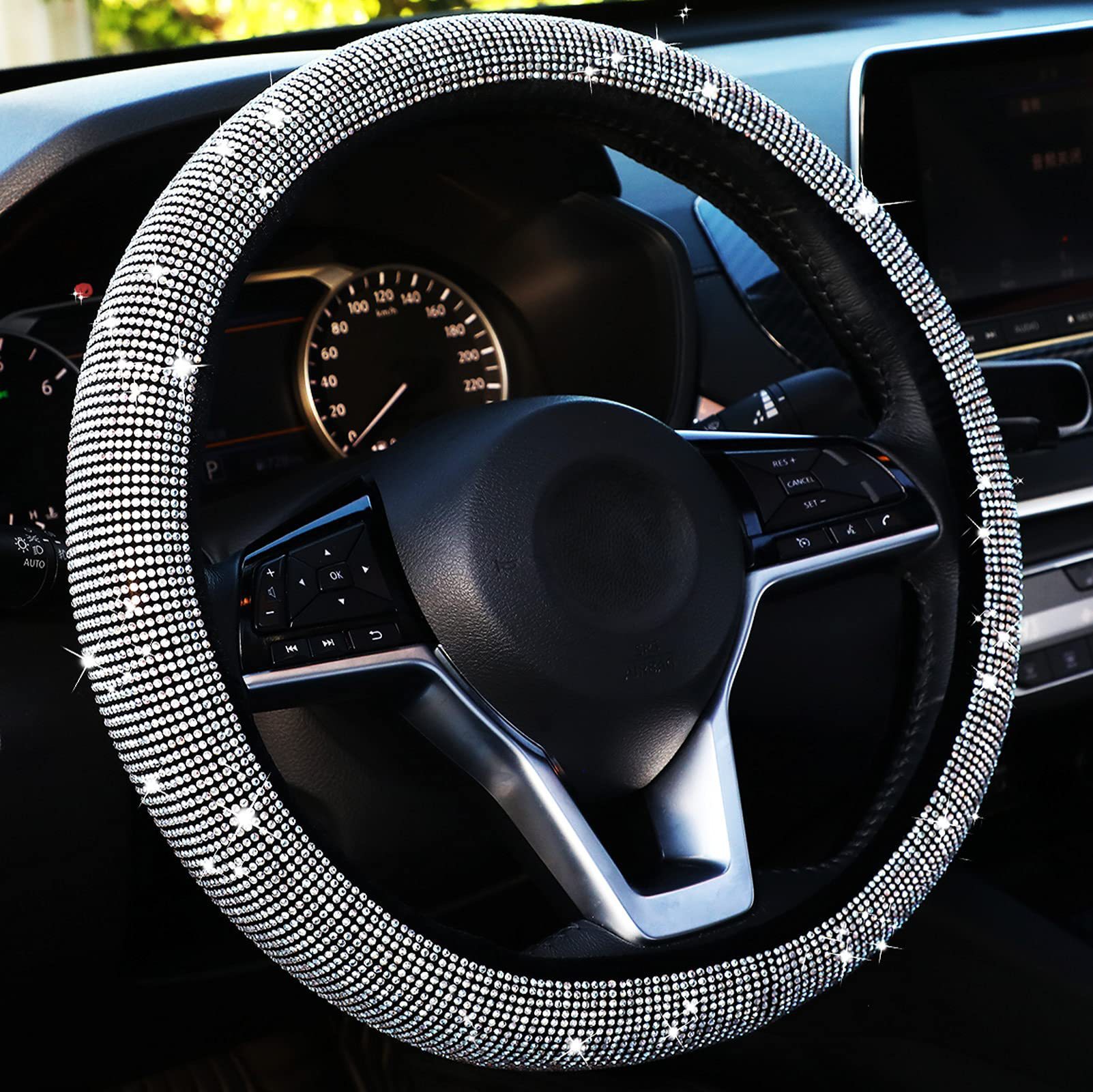 Car Steering Wheel Cover with Diamonds, No Inner Ring, Full Diamond Rhinestone Cover with Diamond Mesh, Hot-Studded Diamonds, Full Diamond Elastic Grip Cover
