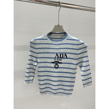 南油高端精品女装半中袖针织条纹短袖上衣字母刺绣修身百搭优雅风