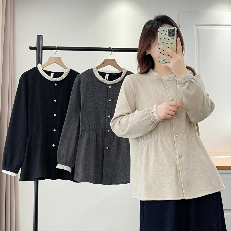 Plus-Size Women's Tops for a Slimming Look, 2025 Autumn and Winter New Fashion Color-Block Ruffled Waist-Cinching Blouse
