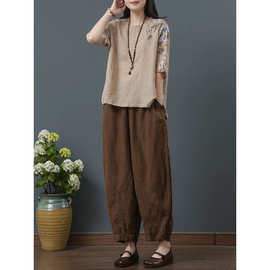 2025夏季新款棉麻套装高腰显瘦哈伦裤棉麻上衣女宽松显瘦复古套装