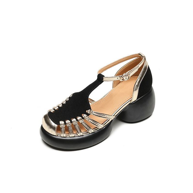 Sandal nữ quai ngang dệt mảnh da lộn, gót vuông ổn định, đế dày ghép màu — Màu đen