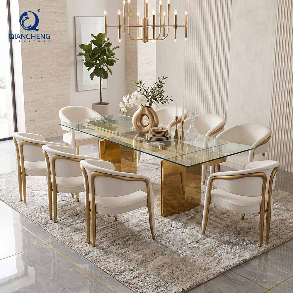 Mesa de Comedor Extensible de Vidrio Templado y Acero Inoxidable para Hotel y Restaurante