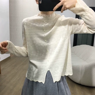 法式蕾丝花边钉珠羊毛针织衫女半高领开叉纽扣毛衣打底衫长袖上衣