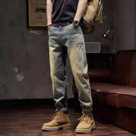 春秋九分裤男装牛仔裤弹力美式复古做旧加大码宽松日系潮牌牛仔裤