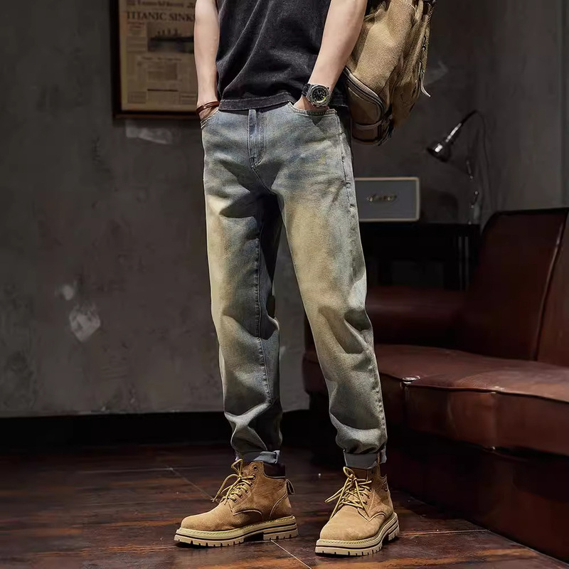 Spring and Autumn Cropped Pants Men's Jeans Stretch American Vintage Old Size Plus Size Loose Japanese Style Trendy Jeans