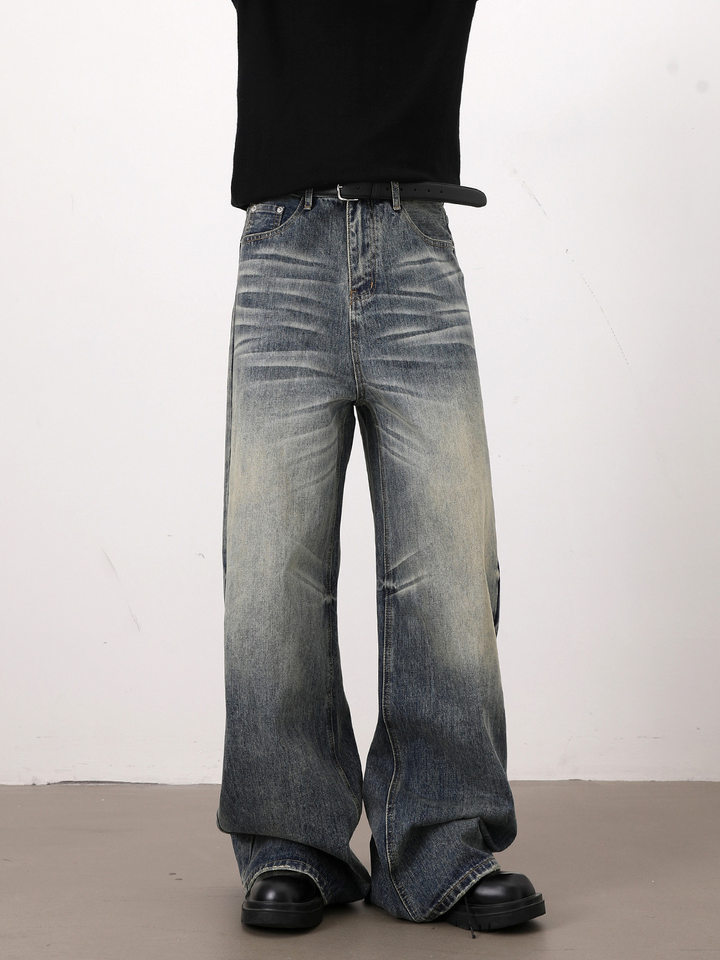 Quần jeans nam dáng chữ A ống rộng phong cách retro, râu mèo nổi, lưng vừa, dài ống suông — Màu xanh dương