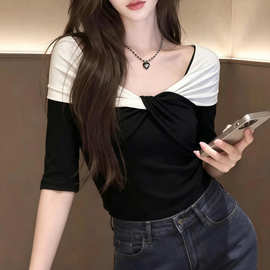 洛兰千金莱赛尔天丝拼色中袖T恤女2026新款打底衫上衣