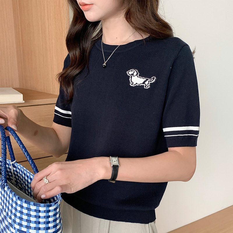 Spring and Summer New Women's Knitwear 100% Cotton Short-Sleeved Women's Round-Neck College Style Puppy Embroidered Breathable T-Shirt