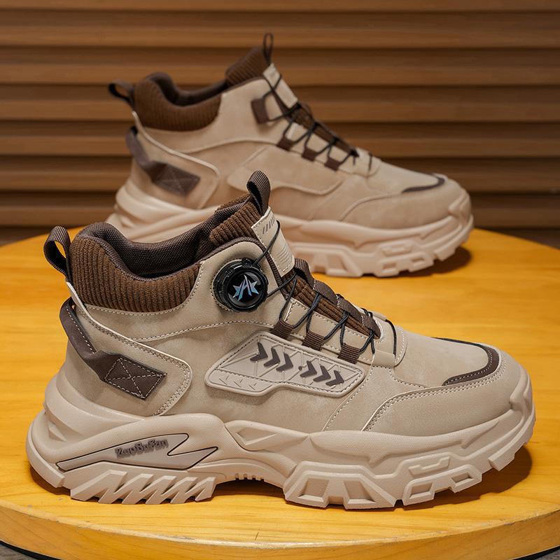 2026 New Men's Sand-Colored Patchwork High-Top Dad Shoes with Knob-Free Lacing, Thick Sole, Height-Increasing Commuting Work Boots