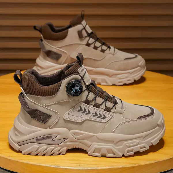 2026 New Men's Sand-Colored Patchwork High-Top Dad Shoes with Knob-Free Lacing, Thick Sole, Height-Increasing Commuting Work Boots