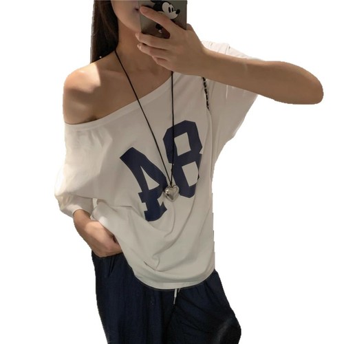 Design Letter Print Off Shoulder T-Shirt Women 2025 New Summer Casual Loose Mid-length Student Top Women 