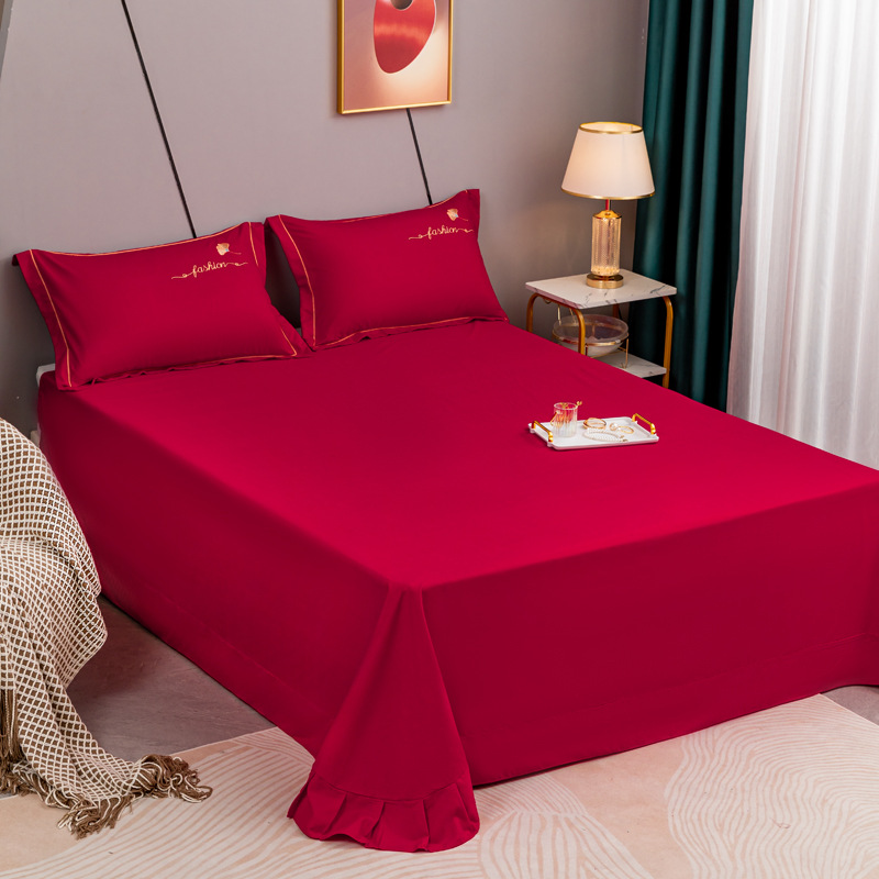 IYR7 New Wedding Celebration Deep Red Bed Sheet Set of Three with Thick Solid Texture Snow Cotton Quilt