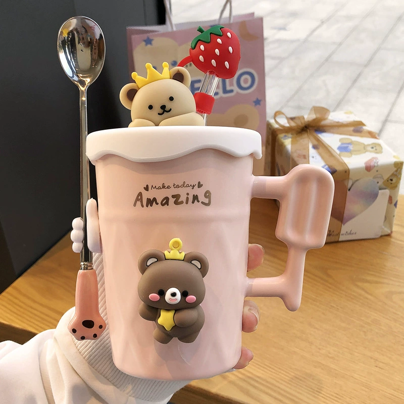 Симпатичная кружка с высоким внешним видом и дизайном крышки, сувенирная чашка для воды, чашка для пары, керамическая чашка в подарок на день рождения для девочки
