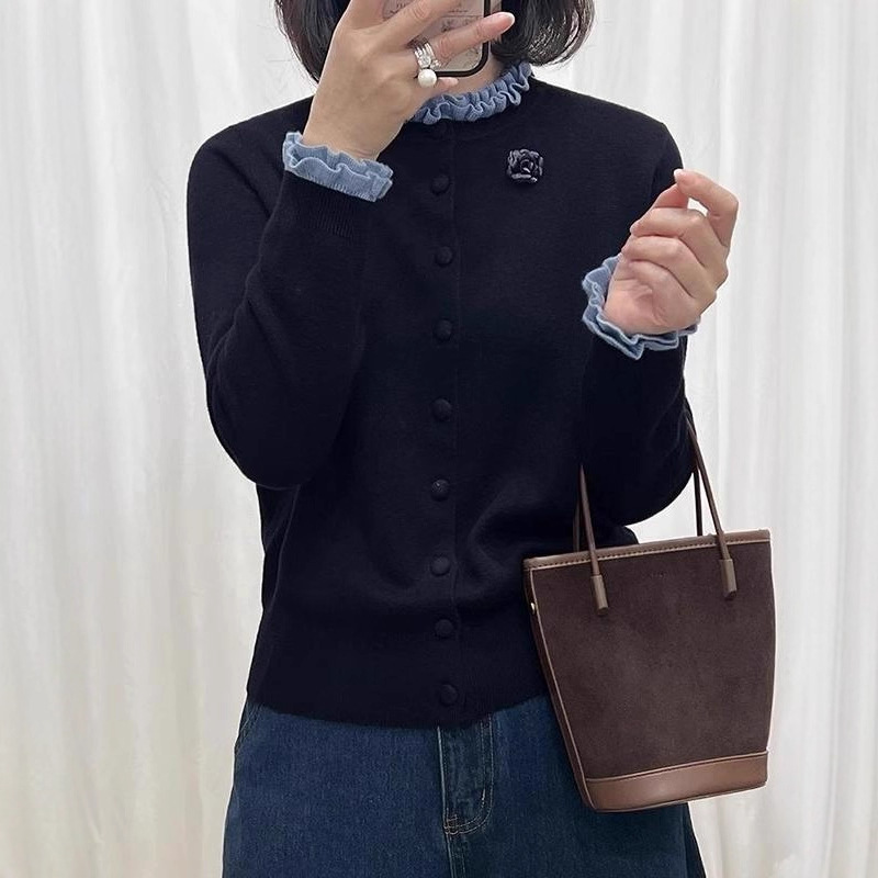 Lazy Style Contrasting Lace Collar Knitted Cardigan Jacket for Women in Autumn and Winter Loose Soft Waxy Sweater Design Long-Sleeved Top