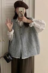 韩系圆领简约两粒扣针织马甲开衫女2025早春新款宽松百搭毛衣背心