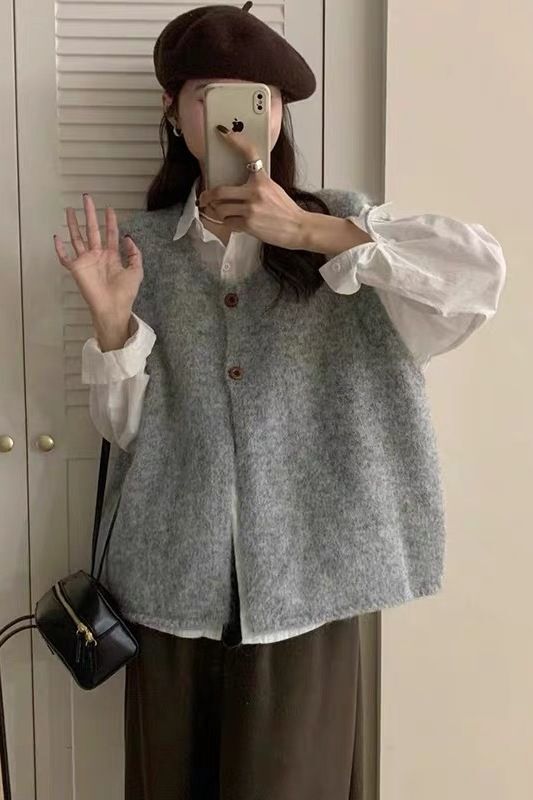 韩系圆领简约两粒扣针织马甲开衫女2025早春新款宽松百搭毛衣背心|undefined