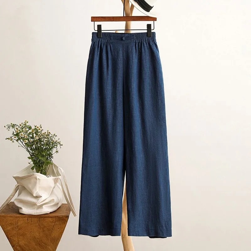 Mom's Pure Color Cotton and Linen Elastic Waist Wide Leg Pants for Women Summer Retro Loose Slimming Look Straight Casual Nine-Point Pants