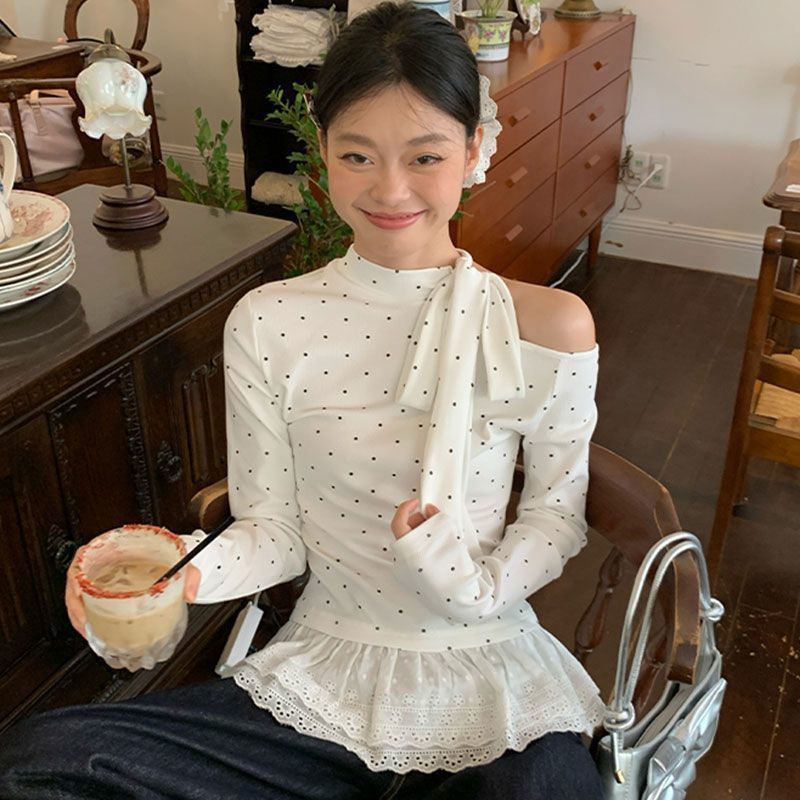 韩系白色波点蝴蝶结绑带内搭t恤春秋新款蕾丝花边修身设计感上衣|undefined