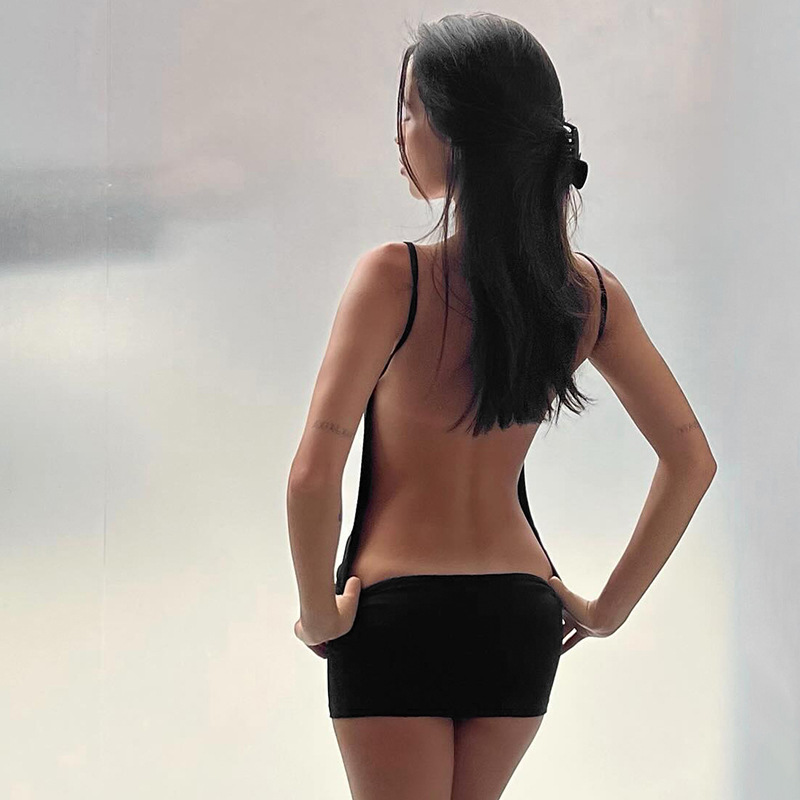 European and American Style Hot Girl Spaghetti Strap Backless Bodycon Short Dress, Sexy Deep Backless Slim Fit Stretchy Black Mini Dress