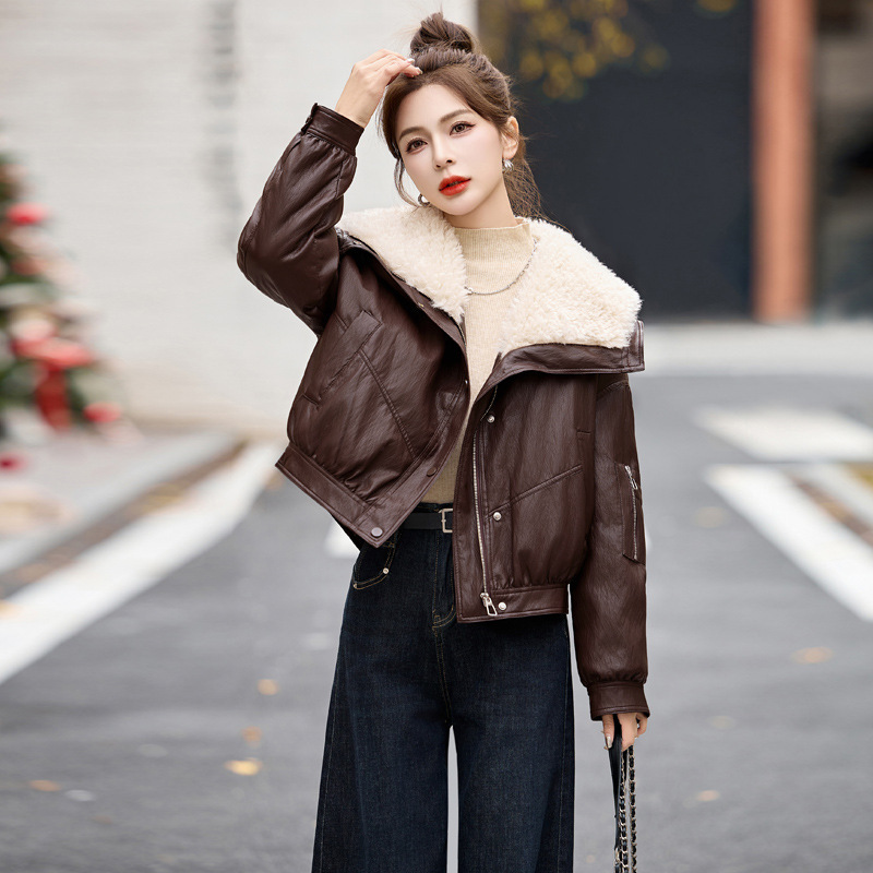 Short down Jacket for Women 2025 Winter New Style Petite Elegant European Style Lamb Wool Large Lapel Pu Leather Jacket