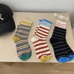 條紋襪子女雙羅口中筒襪四季款棉襪潮流時尚拼色堆堆襪假兩件襪子