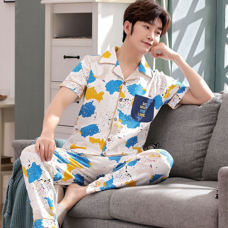 Pijama de algodón 100% de primavera y verano de los hombres pantalones de manga corta cardigan Delgado de los hombres de primavera y otoño de manga corta ropa para el hogar