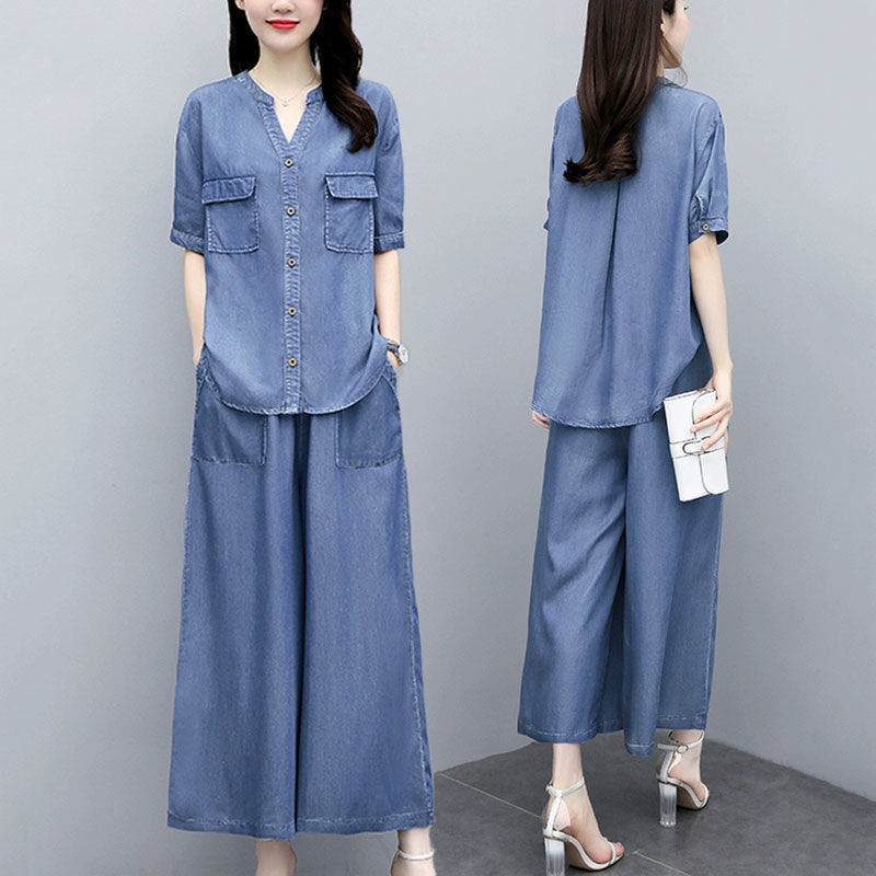 Tencel Denim Wide-Leg Pants Suit Summer Large Size Belly-Covering Slimming Mother Casual Loose Western Style Age-Reducing Thin Two-Piece
