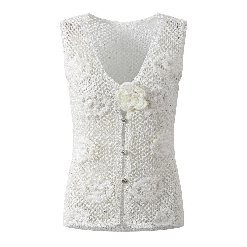 2026 Summer New Fashion Simple Handmade Crocheted Floral Decoration Slim Fit Sleeveless Knitted Cardigan Vest Top 2026 Summer New Fashion Simple Handmade Crocheted Floral Decoration Slim Fit Sleeveless Knitted Cardigan Vest Top