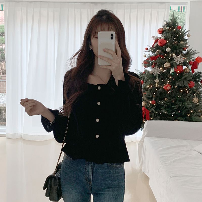 法式复古黑色方领心机上衣女设计感露锁骨短款金丝绒百搭衬衫_2