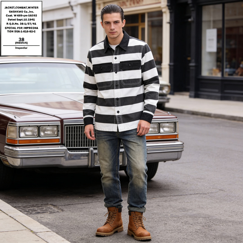 Okonkwo 16oz Heavy Prisoner Stripesd Jacket Thick Canvas Motorcycle Jacket Ami Khaki