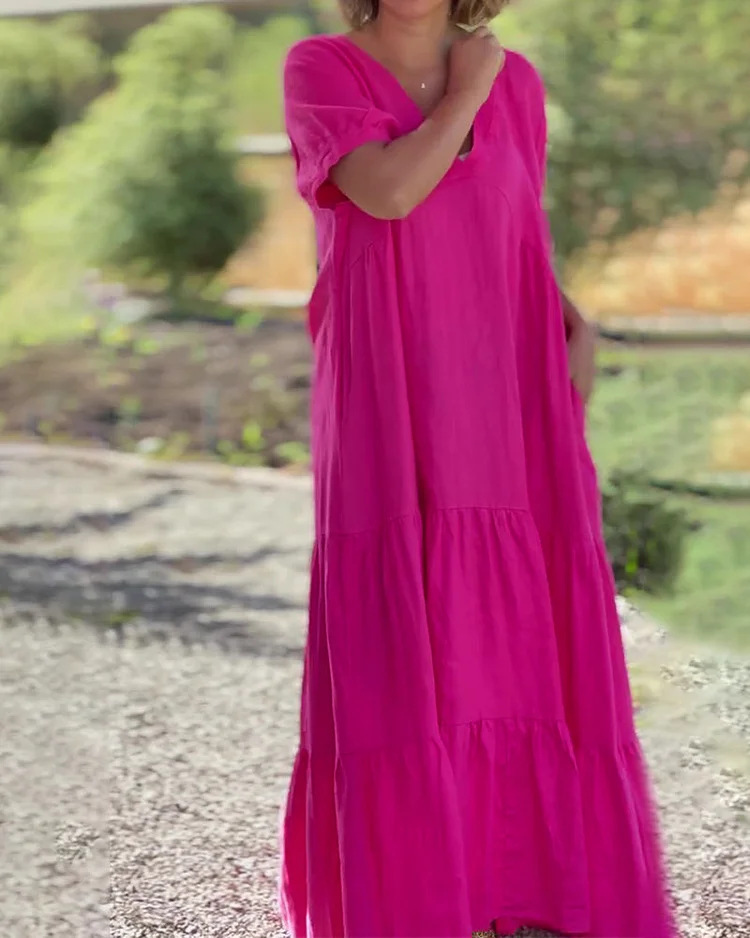 Abito lungo donna scollo a v con gonna ampia e maniche corte_voghion.com