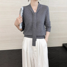 新款韩版秋冬季飘带V领套头针织衫女长袖时尚气质内搭打底保毛衣