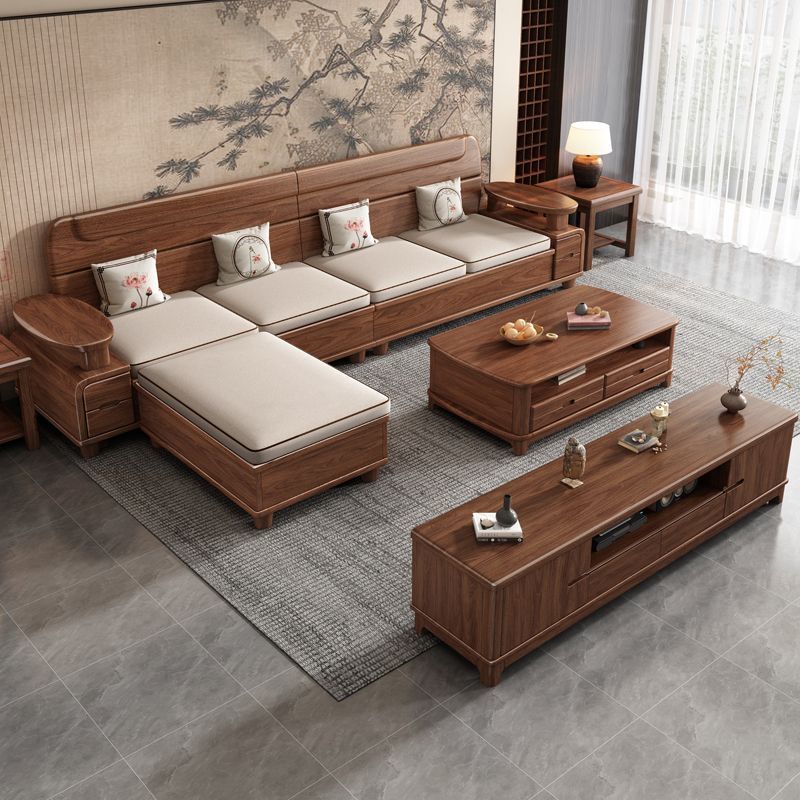 Modern Chinese Solid Wood Sofa, All Solid Wood Living Room Combination, Genuine Walnut Winter and Summer Household Dual-Purpose Storage Furniture