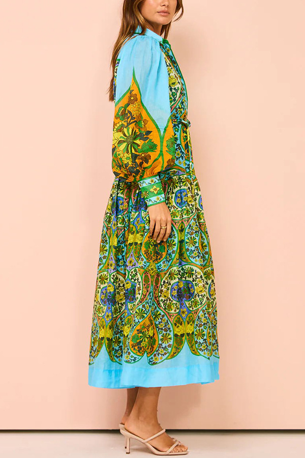 Summer Season Wholesale Women's Vacation Printing Plant Holiday Beach Shirt Collar Long Sleeve Regular Dress