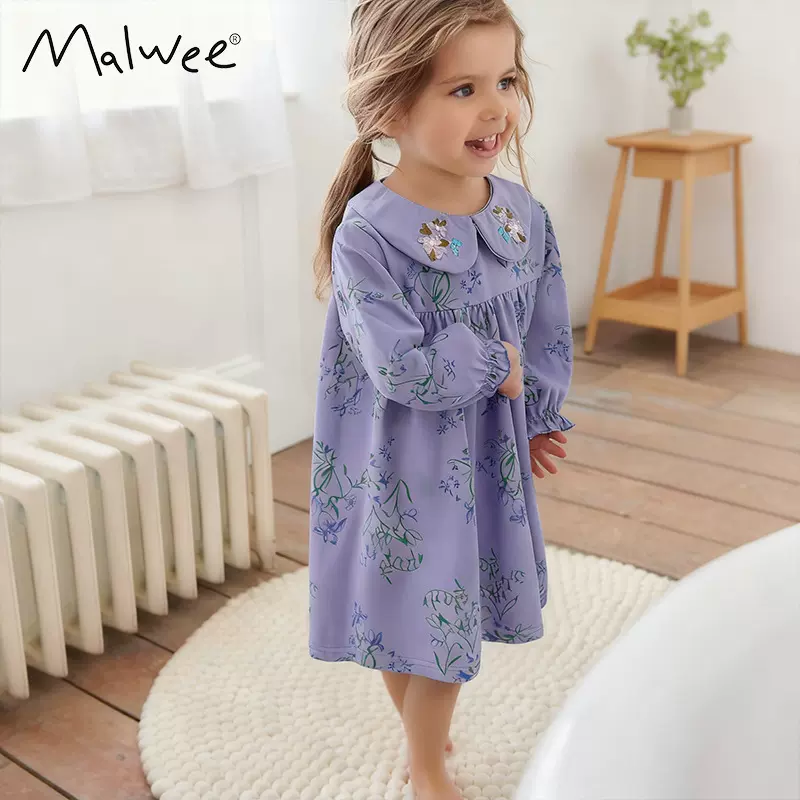 跨境malwee儿童连衣裙秋冬新款欧美中小童圆领长袖可爱女孩公主裙