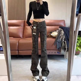 复古设计感工装微喇牛仔裤女2026夏季新款迷彩色高腰窄版微喇裤子