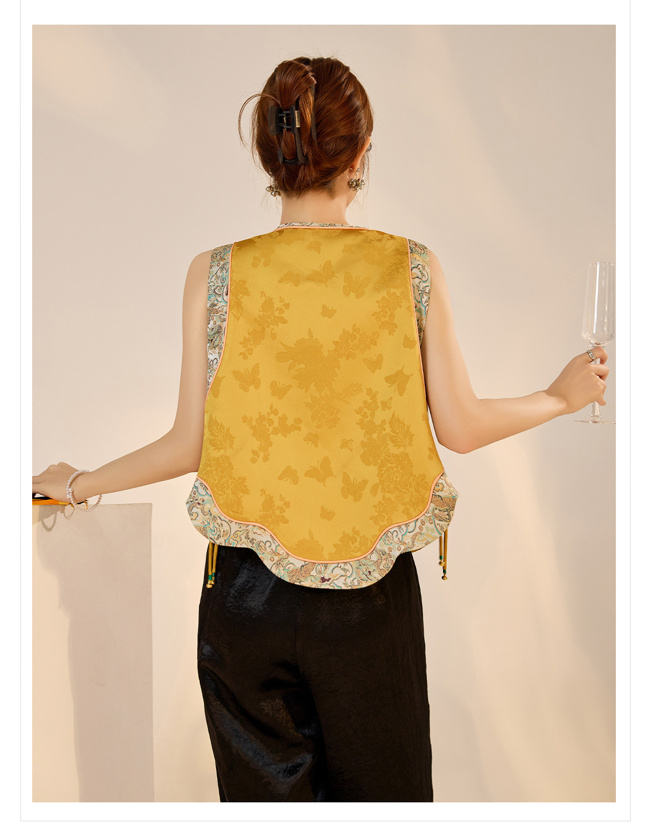 Áo vest gile nữ phong cách retro Tân Trung Hoa, cổ đứng, thêu đính hạt cườm tinh xảo — Vàng chanh chi tiết 19