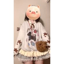 趣味小狗提花套头毛衣女2025秋冬新款甜美慵懒蝴蝶结系带针织上衣