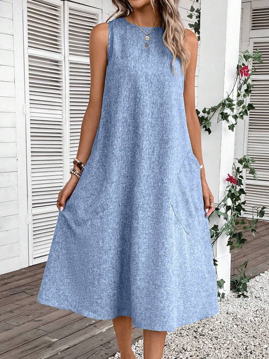 Women's Regular Dress Vintage Style Round Neck Pocket Sleeveless Solid Color Midi Dress Holiday Daily Date display picture 5