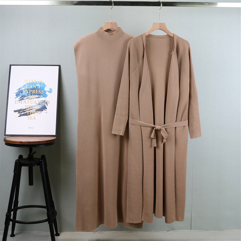 Cross-Border European and American Fashion Suit for Women, Autumn Sleeveless Vest Dress with Long Knitted Cardigan Two-Piece Trendy Set