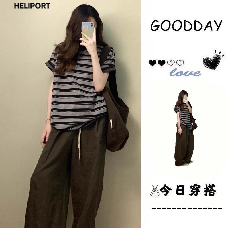 Retro Lazy Style 2026 New Casual Loose Niche Short-Sleeve Striped Round-Neck Base Shirt + Pants Two-Piece Set Retro Lazy Style 2026 New Casual Loose Niche Short-Sleeve Striped Round-Neck Base Shirt + Pants Two-Piece Set