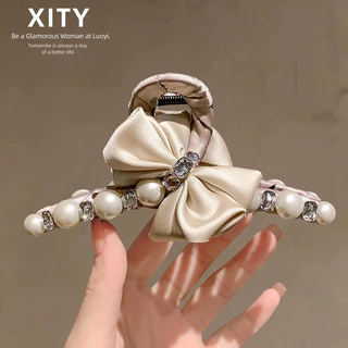 初秋冬氛围感杏色蝴蝶结珍珠镶钻大号抓夹百搭后脑勺发量多盘发夹