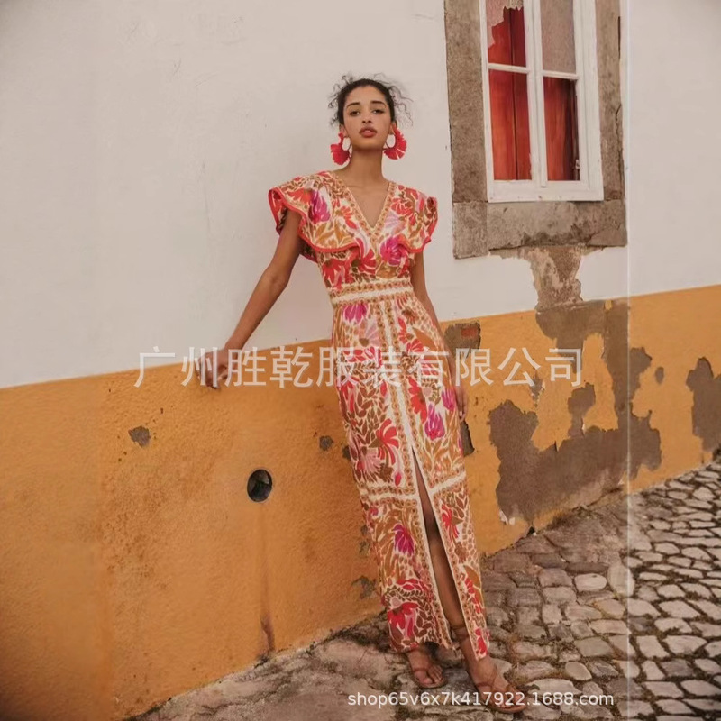 2025 Summer New Street Style V-Neck Positioning Printed Ruffled Slim Fit dress Independent Station Amazon