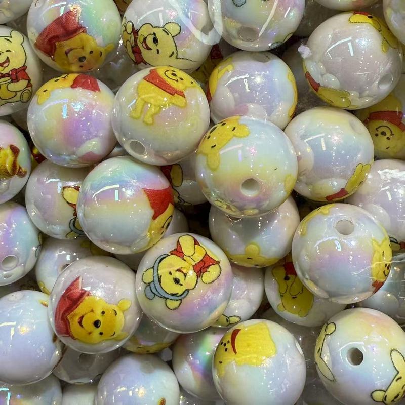 16mm亚克力镀彩印花卡通维尼熊直孔圆珠 DIY手机绳钥匙扣饰品配件|undefined