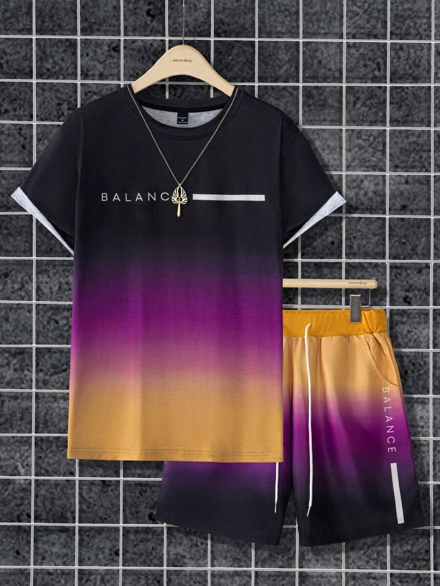 Lema de letras de color degradado estampado 3D traje de hombre camiseta traje deportivo de hombre cuello redondo pantalones cortos con cordón de manga corta