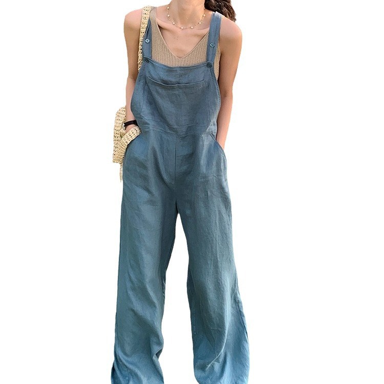 Quần yếm denim nữ phong cách mùa hè form suông — Màu xanh lam, Màu gai thô