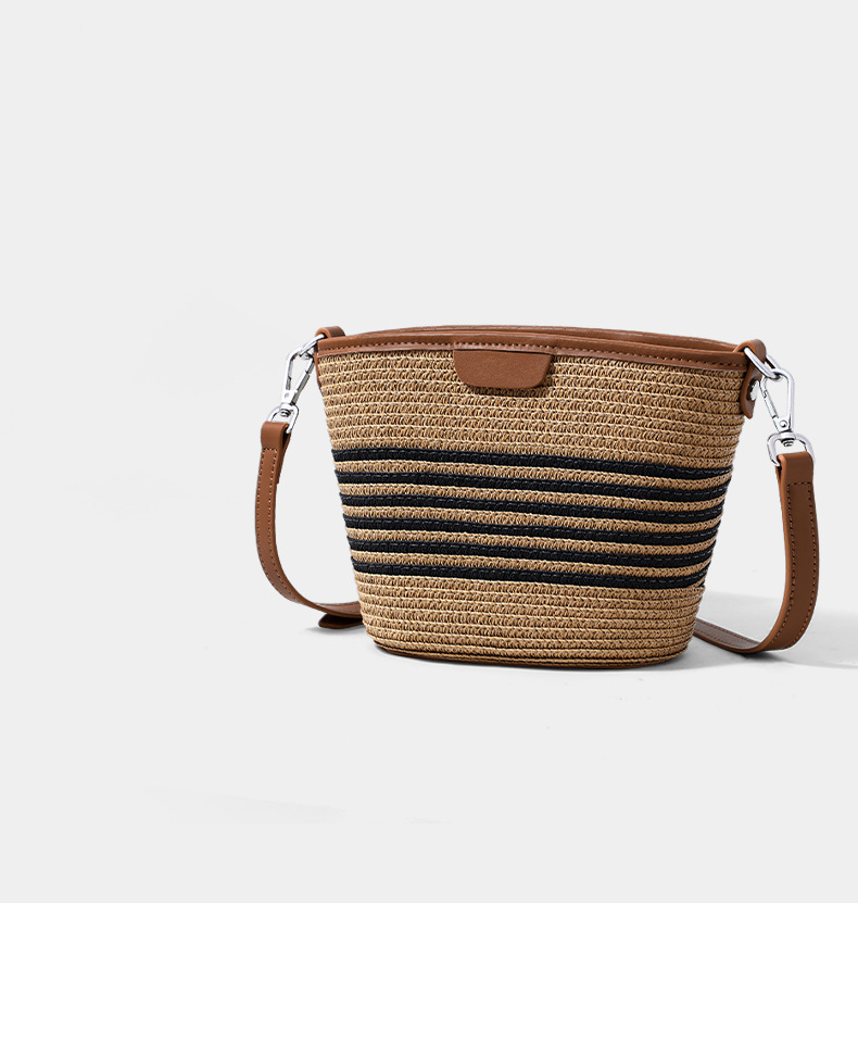 Túi bucket nữ dệt cói đi biển quai đeo chéo — màu kaki, Kaki (phiên bản công cộng) chi tiết 15