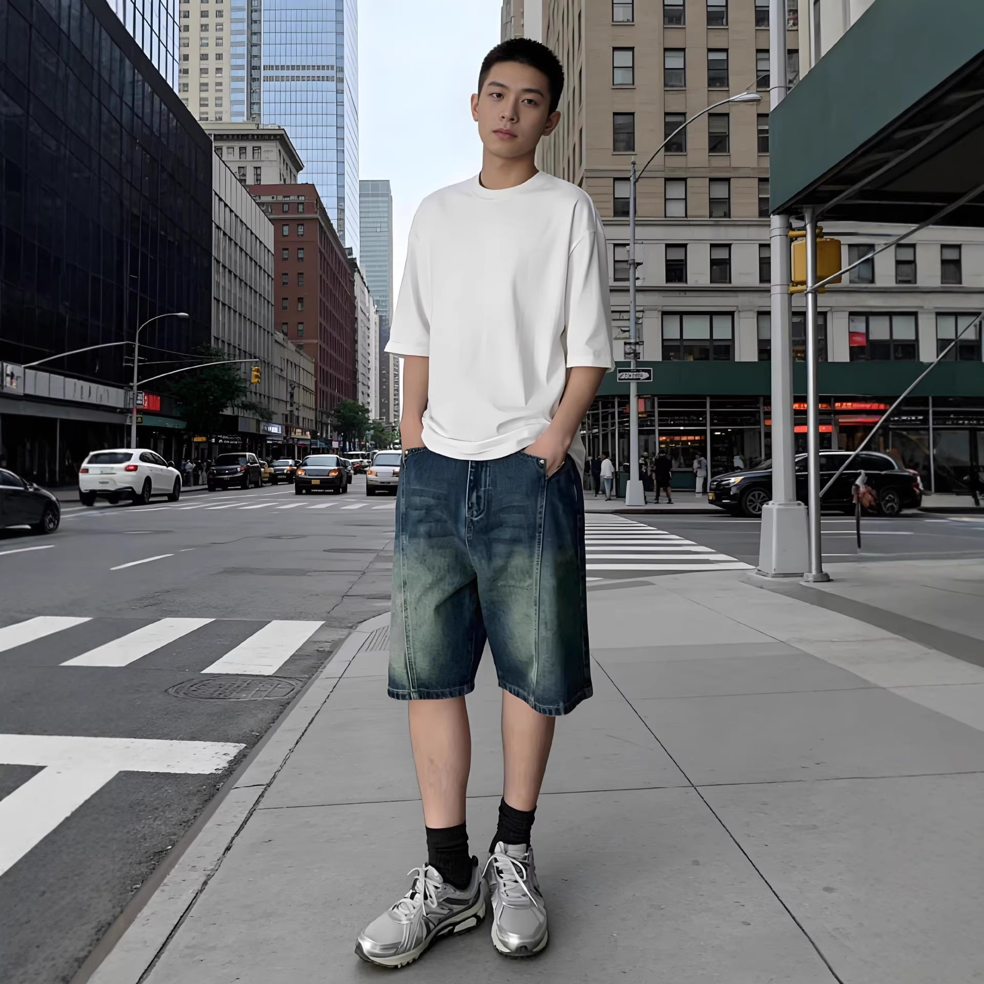 Retro-Jeansshorts im Used-Look, japanische Spleißtechnik, trendige gerade geschnittene Hose mit Fünf-Punkt-Schnitt, lässiges Sommerdesign_voghion.com