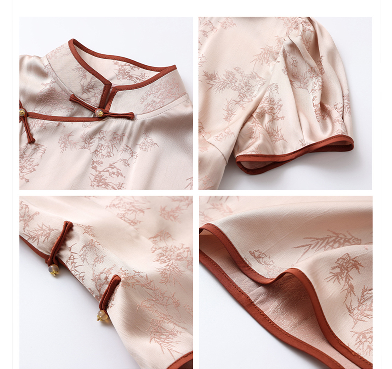 Áo sơ mi nữ cổ đứng tay bồng thêu họa tiết jacquard phong cách Trung Hoa mới — Hồng đào chi tiết 5